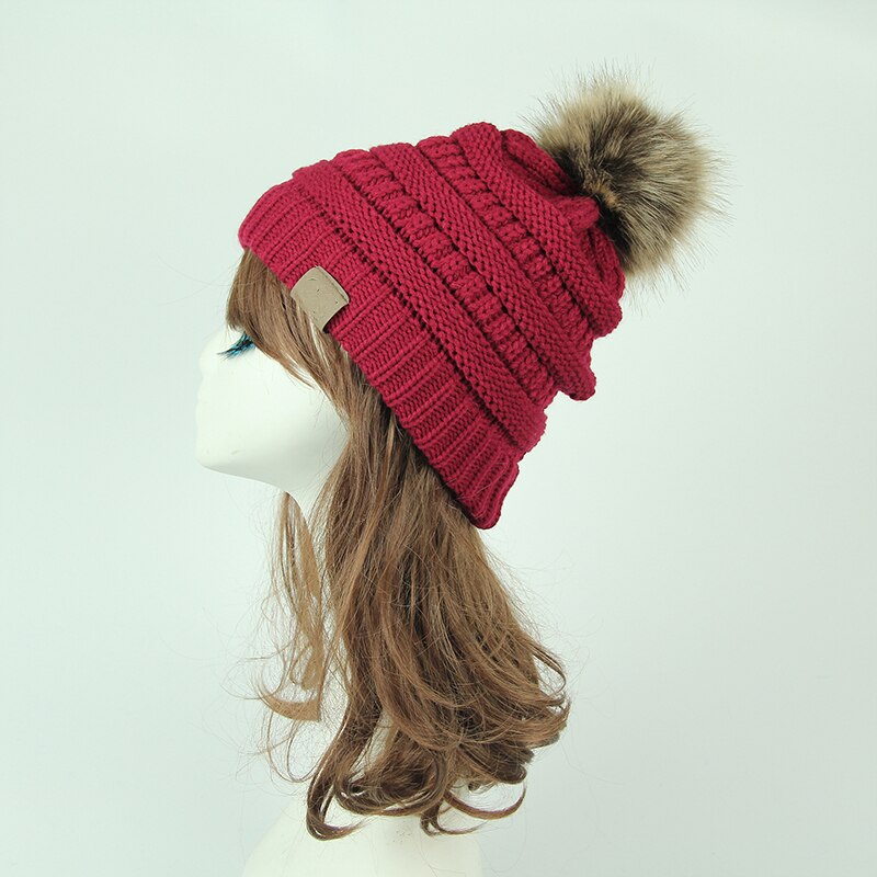 Femmes hiver tricot Slouchy bonnet chapeau crâne casquette de Ski fausse fourrure Pom Pom chapeaux pour les femmes: Red