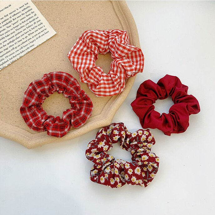 FLACELL Summer Korean Red Dot Floral Plaid Hair Ribbon Rubber Bands Scrunchie Set for Women Girls Party Hairwear