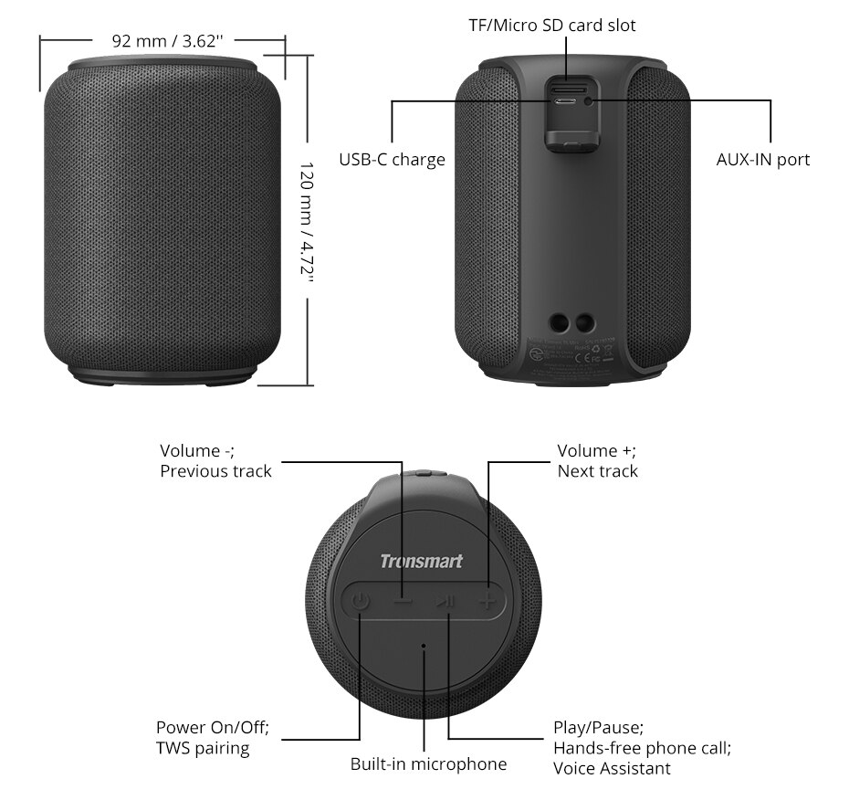 Tronsmart mini alto-falante wireless, mini som portátil ipx6 tws com bluetooth, áreas externas, entrada 560g e assistente de voz