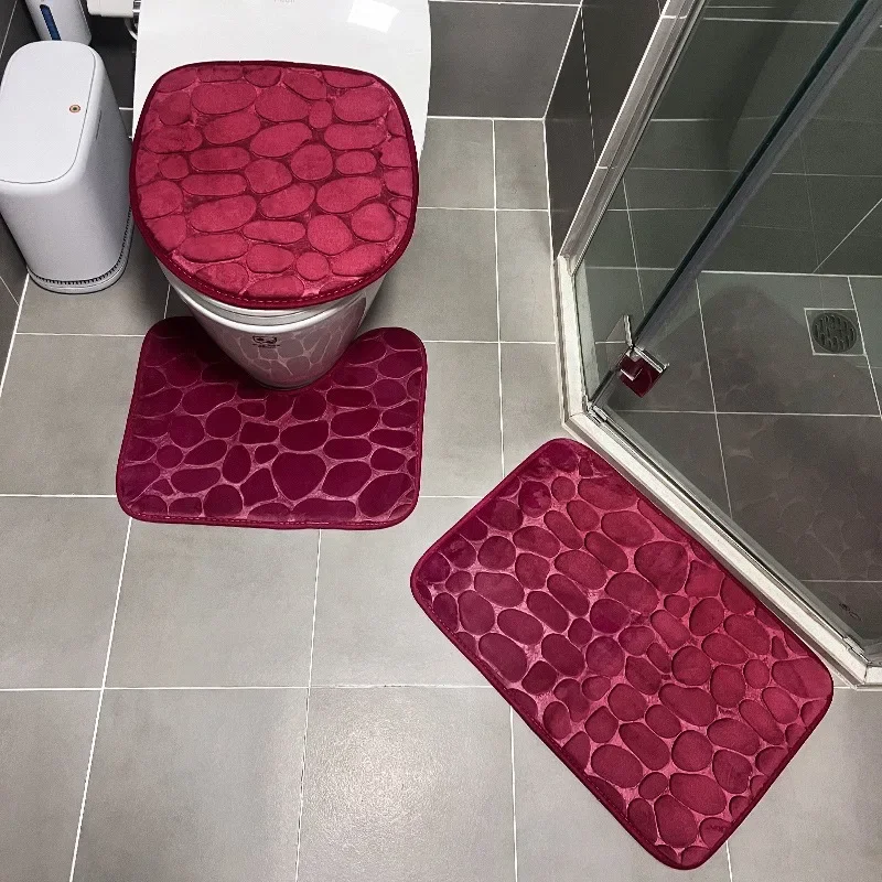 3PCS/Set Non-slip Soft Bath Mat Toilet Cover Carpet Cobblestone Embossed Floor Mat Bathroom Absorb Water Can Be Washed 욕실 매트: Beige