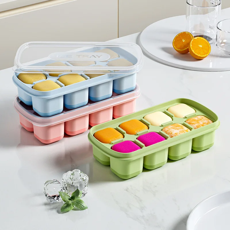 8 Cavity Square Ice Cube Trays Reusable Silicone Ice Cube Mold BPA Free Ice Maker with Removable Lids Kitchen Accessories