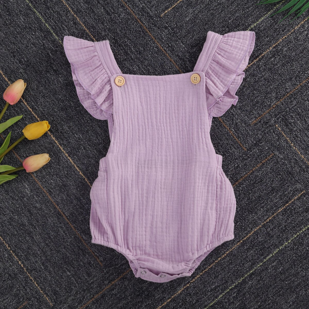 Baby meisjes romper van katoen linnen effen ruches mouw rechthoekige hals zijkant grote zakken outfit geplooide knoopsluiting jumpsuit