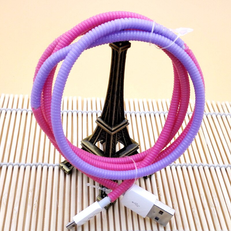 6 stk / lot ensfarvet tpu spiral usb oplader kabel ledning beskytter wrap kabel vikler til opladning kabler arrangør, længde 50cm