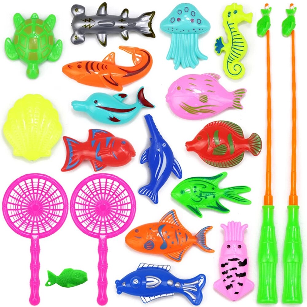 Juego de pesca con imanes para niños, juguetes de agua con imán de piscina inflable, caña de pescar, 15-68 piezas