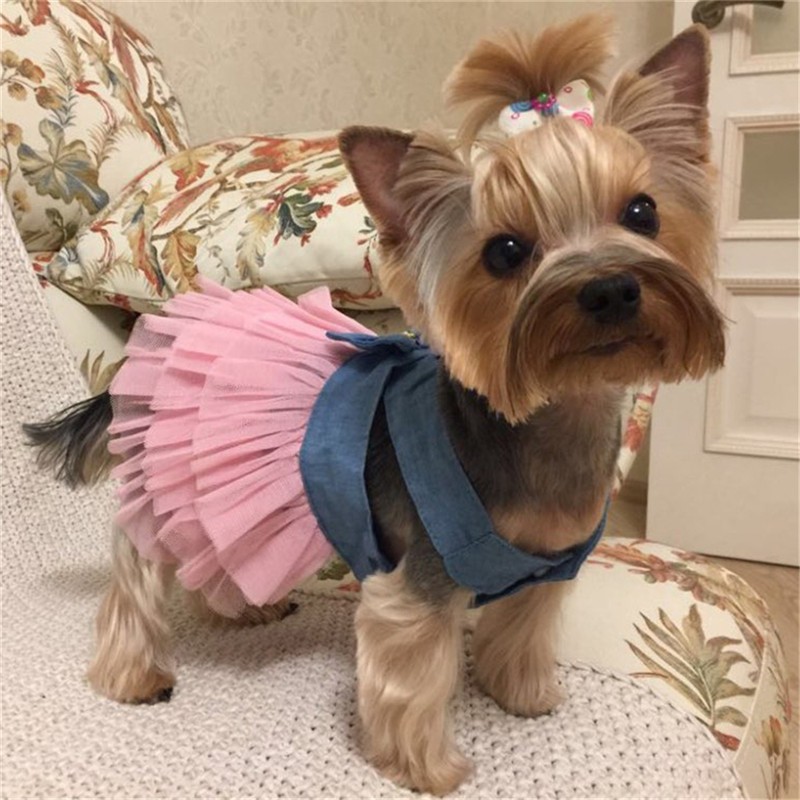 Roze Hond Rok Boog-knoop Prinses Denim Jurk Hond Kleren Trouwjurk Huisdier Zomer Kleding