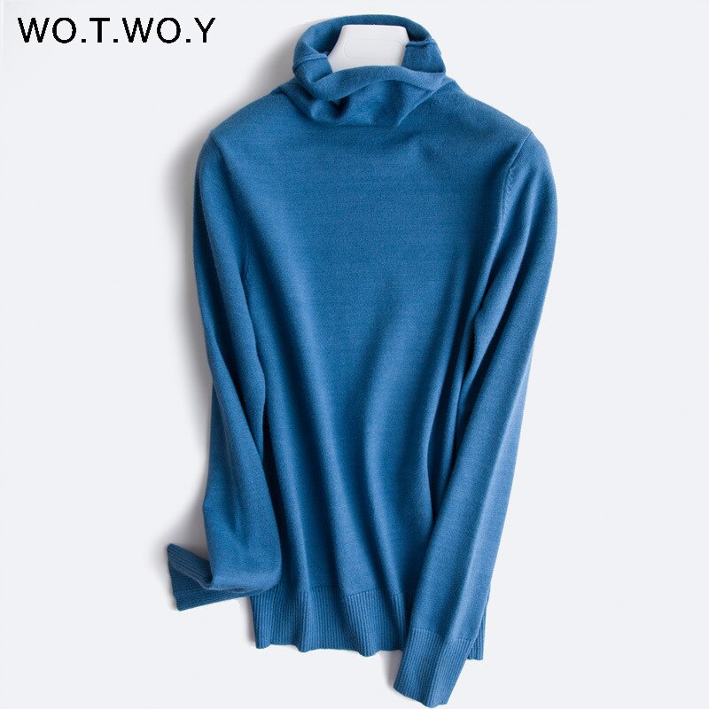 Wotwoy höst vinter slimmad tröja dam basic bottenstickat dam stickade bomullströjor femme jumper: 8260- blå
