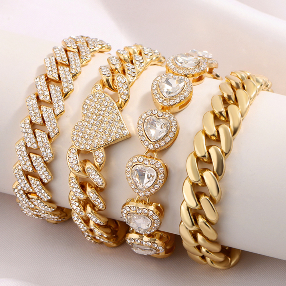 Cadena de tenis con corazón de cristal helado, pulsera de cadena de eslabones cubanos de Miami para mujeres y hombres, pulseras de cadenas gruesas de hip hop, joyería