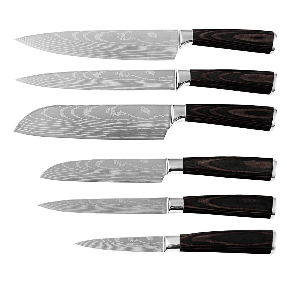 XYj Damascus Pattern Veins Blade Chef Knives Set Stainless Steel Wood Handle Bread Slicing Santoku Utility Knife Cover Sheath: 6PCS-8 NO LOGO