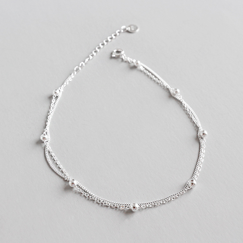 Tobillera de plata de ley 925 auténtica para mujer, pulsera de tobillo de doble cadena con cuentas redondas de , tobilleras de plata de ley 925: Default Title