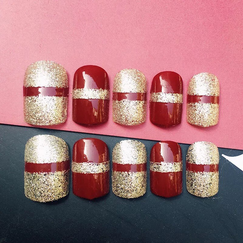 24pcs Short Wine Red Nail Art Short False Nails With Golden Glitter Champagne Wedding Nail Tip Full Nail Polish + 2g Glue