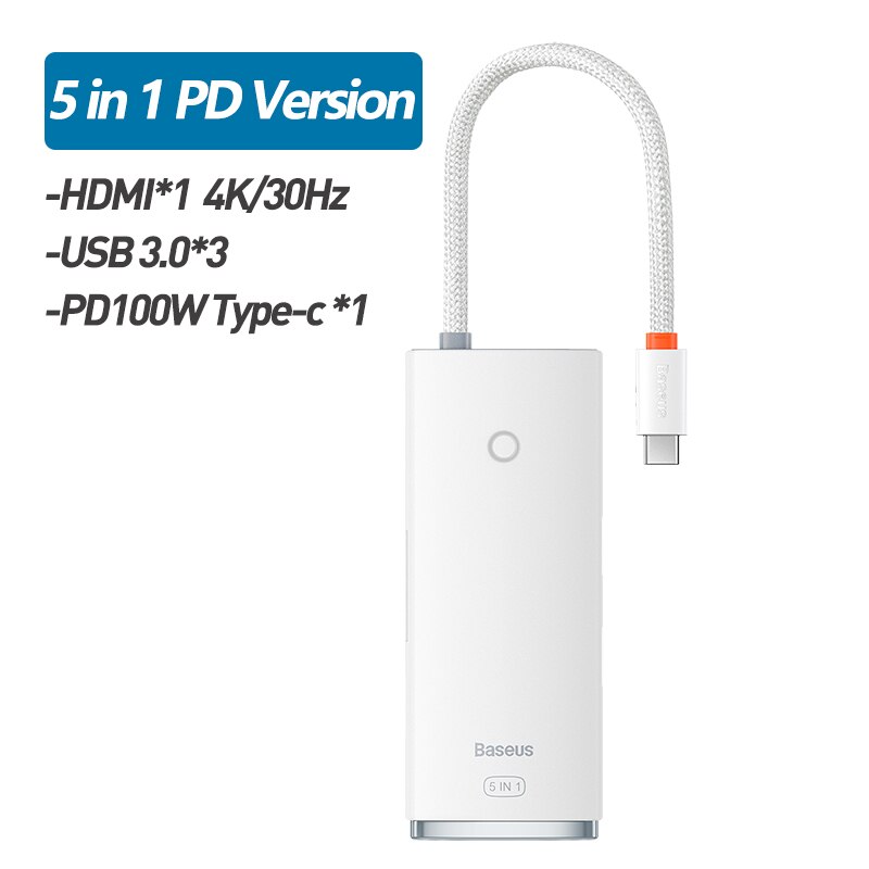 Baseus – HUB USB type-c vers HDMI 4K, adaptateur USB 3.0 PD 6 en 1, Station d'accueil pour MacBook Pro Air: 5 in 1 PD White