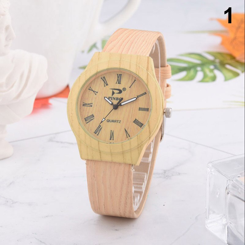 Mannen Vrouwen Quartz Horloge Pu Leer Hout Patroon Horloge Student Sport Casual Horloges NOV99: Color 1
