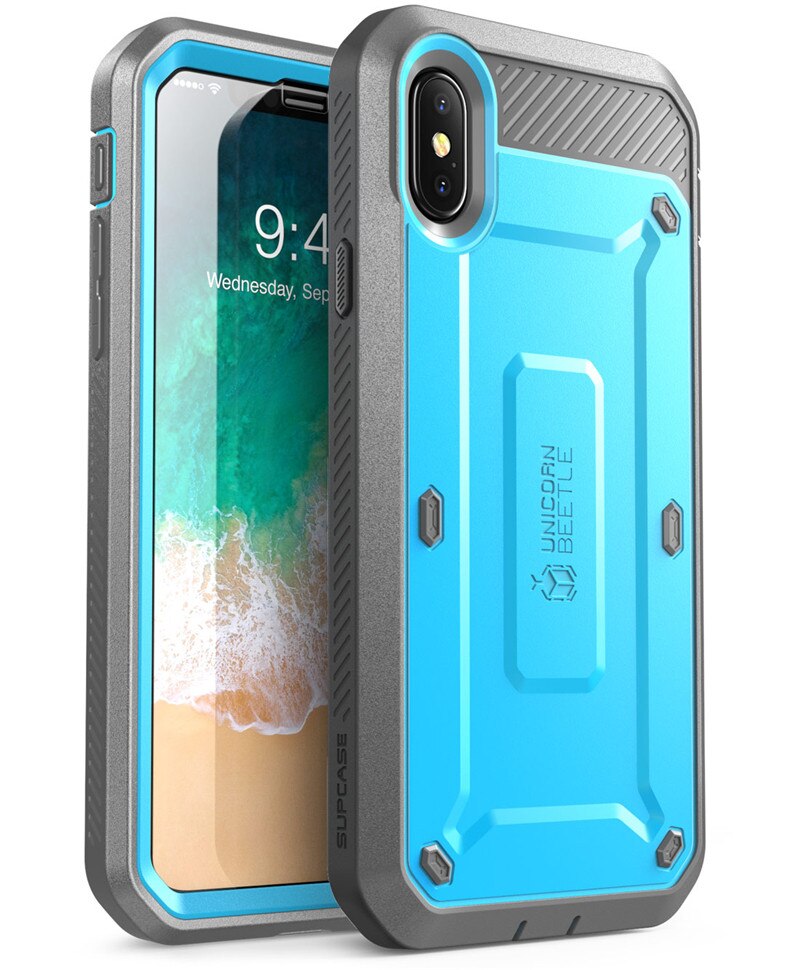 SUPCASE-funda resistente de cuerpo completo para iPhone X, XS, Series UB Pro, con Clip, Protector de pantalla incorporado: Blue