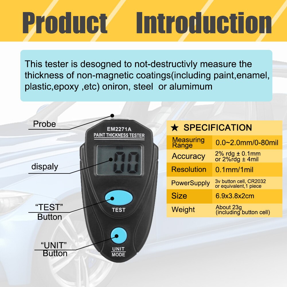 EM2271 Mini Thickness Gauge Electronic Width Measuring Instruments Car Paint Thickness Meter Paint Coating Thickness Tester Tool