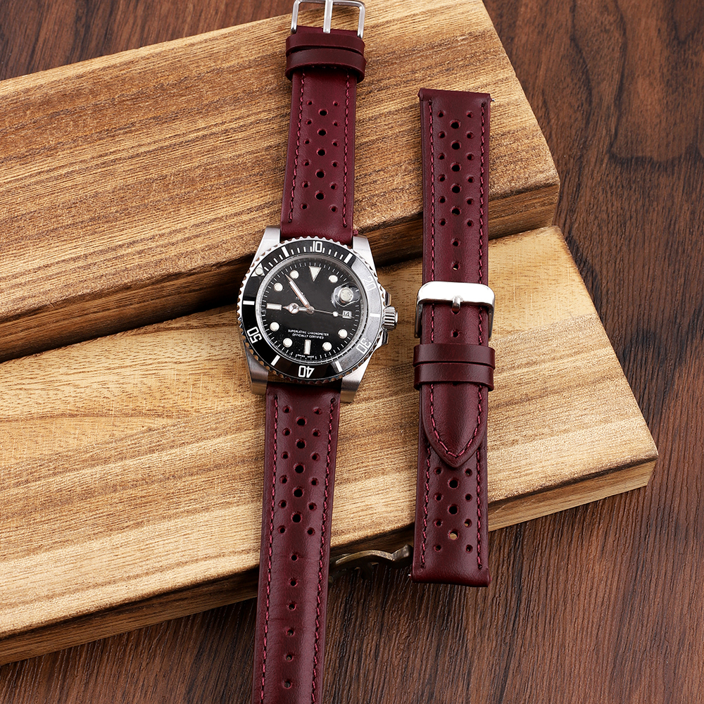 20mm Handmade Watch Strap Breathable Watchbands for Women Men Watch Band Bracelet Replacement Belt Wine Red