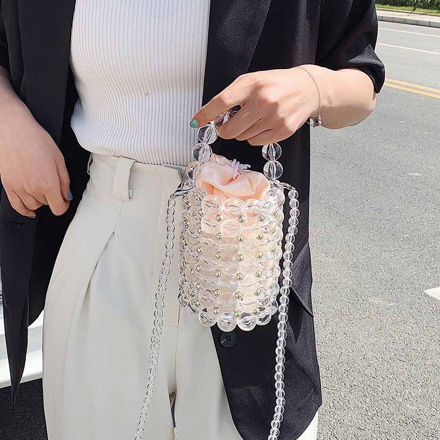 Sacs à main de soirée à perles creuses pour femmes, petits sacs de luxe tissés à bandoulière pour dames, sac Transparent à perles pour fête de mariage