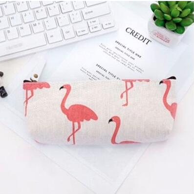 Vierkante katoenen en linnen etui met flamingoprint, rits, eenvoudige studentenstudie, schrijfwarentas, portemonnee: D