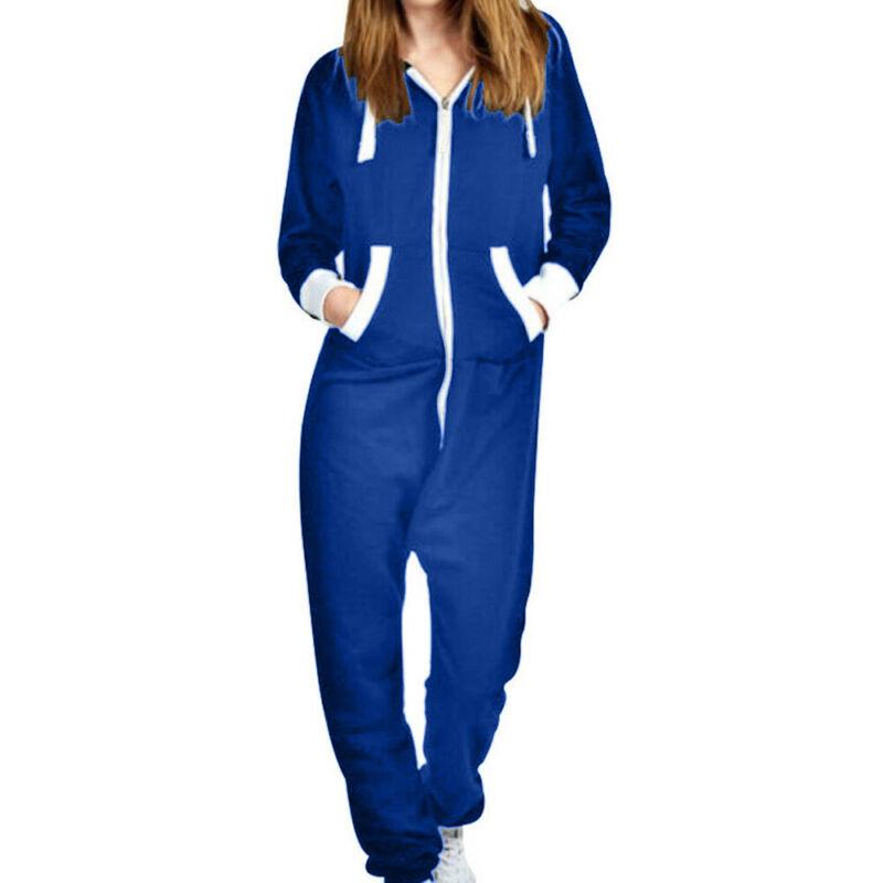 Mono con capucha de manga larga para mujer, peto de una pieza, pijama informal, ropa de casa para mujer: Azul / S