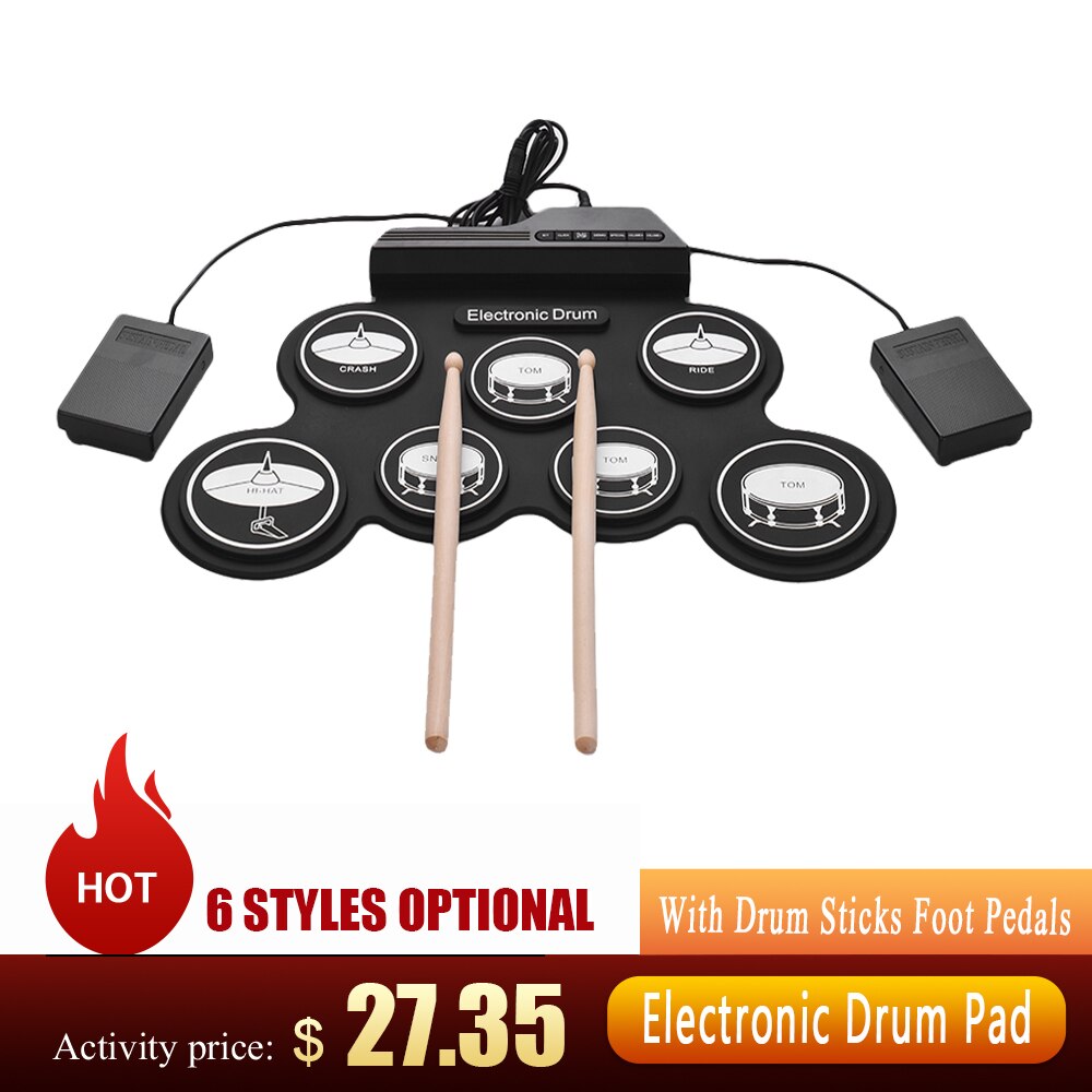 Draagbare Elektronische Drum Pad Siliconen Roll Up Drum Set Met Drumstokken Voet Pedalen Cartoon Digitale Drum Voor Beginners