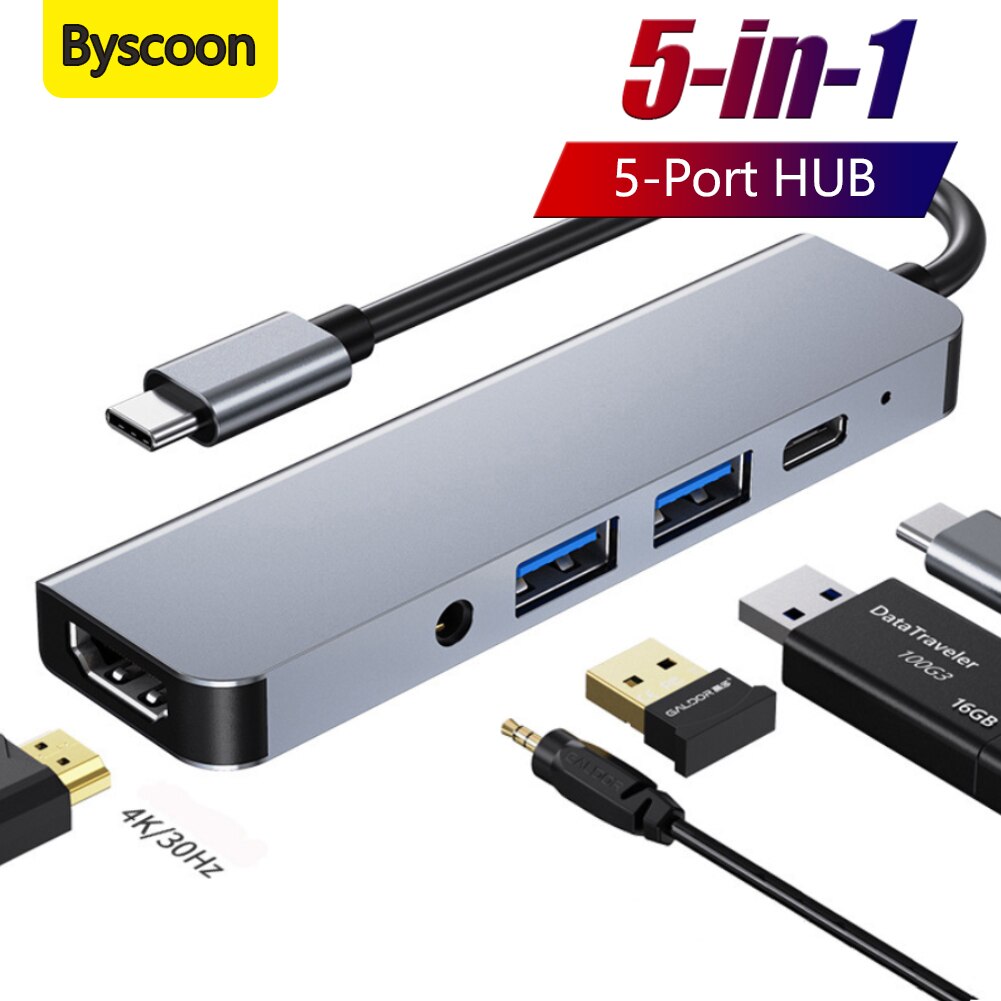 Byscoon Type C HUB 5 In 1 87W PD 3.0 Docking Station USB C To 4K HDMI USB 3.0 AV 3.5mm Audio Adapter For Lenovo Xiaoxin Pro 13