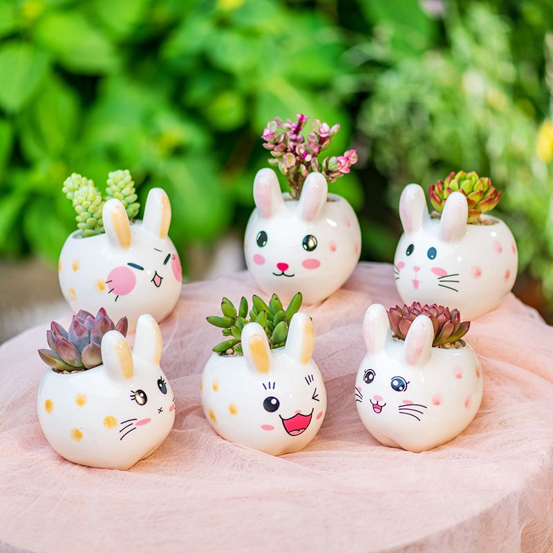Petit pot de fleurs charnu en céramique, joli petit lapin, décoration de bureau, de bureau artisanaux