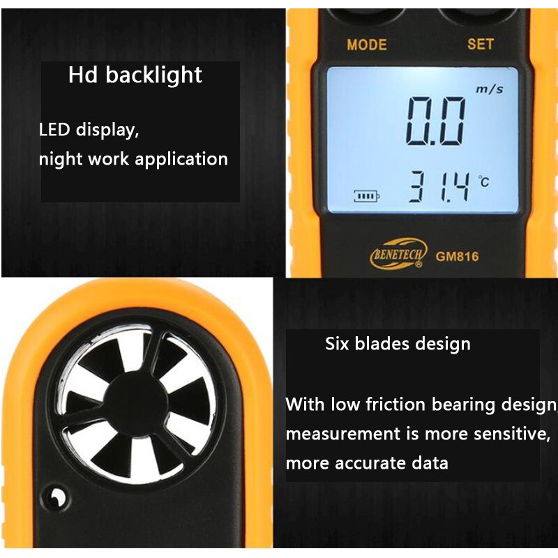 Mini anémomètre numérique lcd portable, compteur de vitesse du vent, jauge, testeur de capteur 0 - 30 m/ s avec écran rétroéclairé