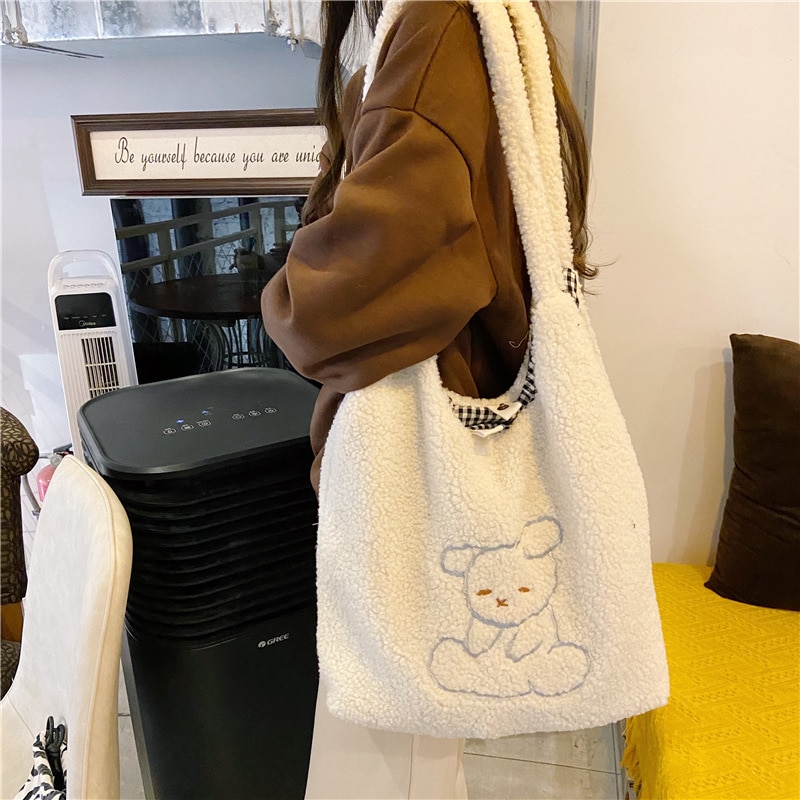 Vrouwen Tas Shopper Met Lam Wol Schattige Beer Achtige Stof Schoudertas Canvas Handtas Tote Grote Capaciteit tas Voor Meisjes