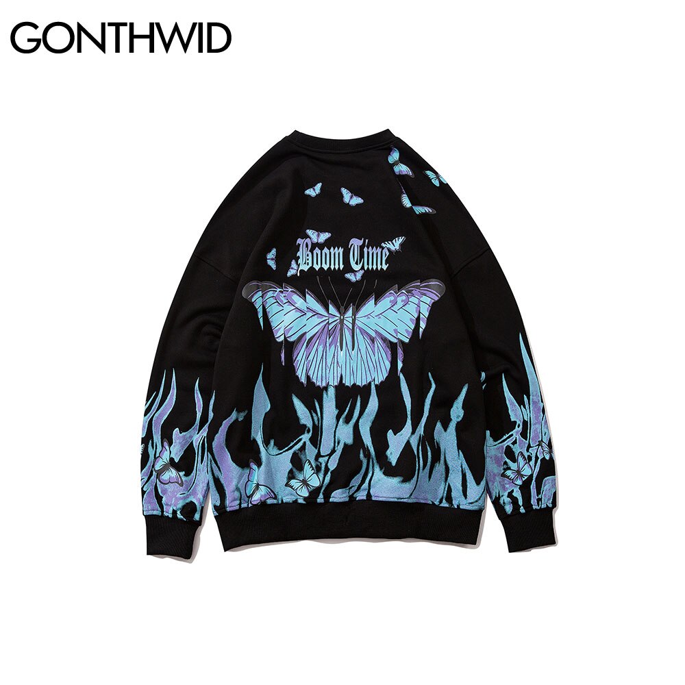 GONTHWID feu flamme papillon imprimer pull sweats à capuche Harajuku Hip Hop décontracté col rond sweat hommes hauts à la