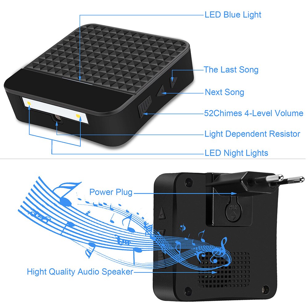 Loudy Energy Saving Wireless Doorbell Smart Charging 52 Ringtones Hotel LED Light Solar Powered Durable Home Waterproof Portable: Black / us