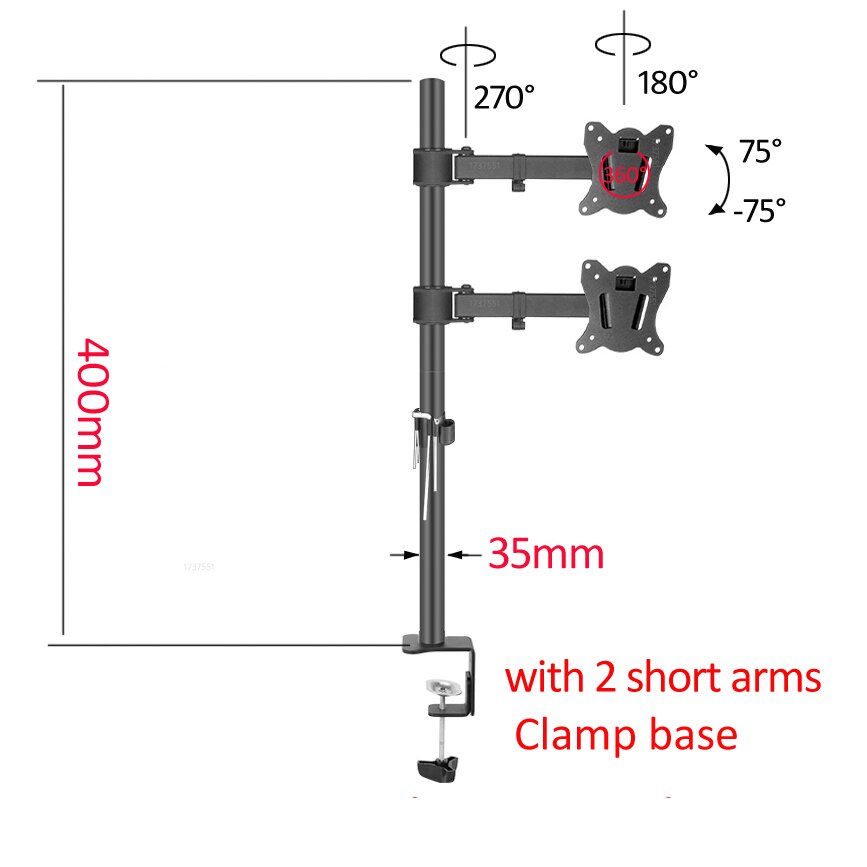 T902-260II-D 10-27" Steel double monitor screen desktop stand table holder lcd tv mount tilt 360 rotate vesa 75 100 clamp 0-80mm: DL-T901-240II-D