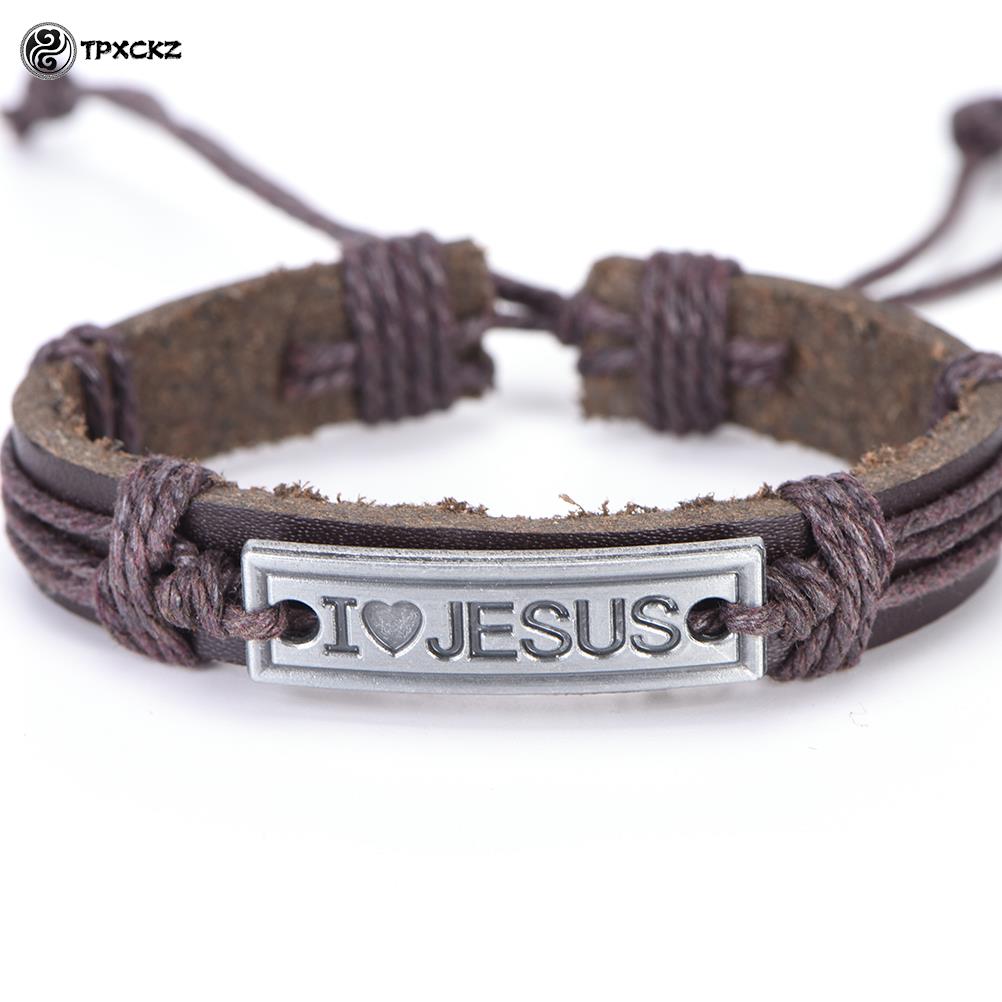 Mannen/Vrouwen Christian Lichtmetalen Wrap Lederen Manchet Bangle Armband Van &quot;I Love Jesus&quot;