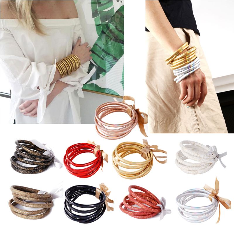 Juego de 5 uds de brazalete de gelatina con purpurina y purpurina, brazalete de cuero PU con pajarita, brazaletes de aro con forro en polvo, joyería de ligera