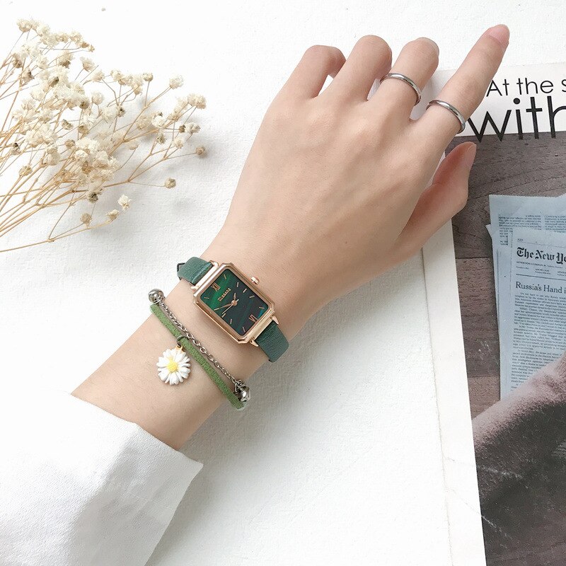 Rektangel kvinder ure ladeis kvarts armbåndsure ulzzang luksus mærke sort grøn kvinde ur læder ur