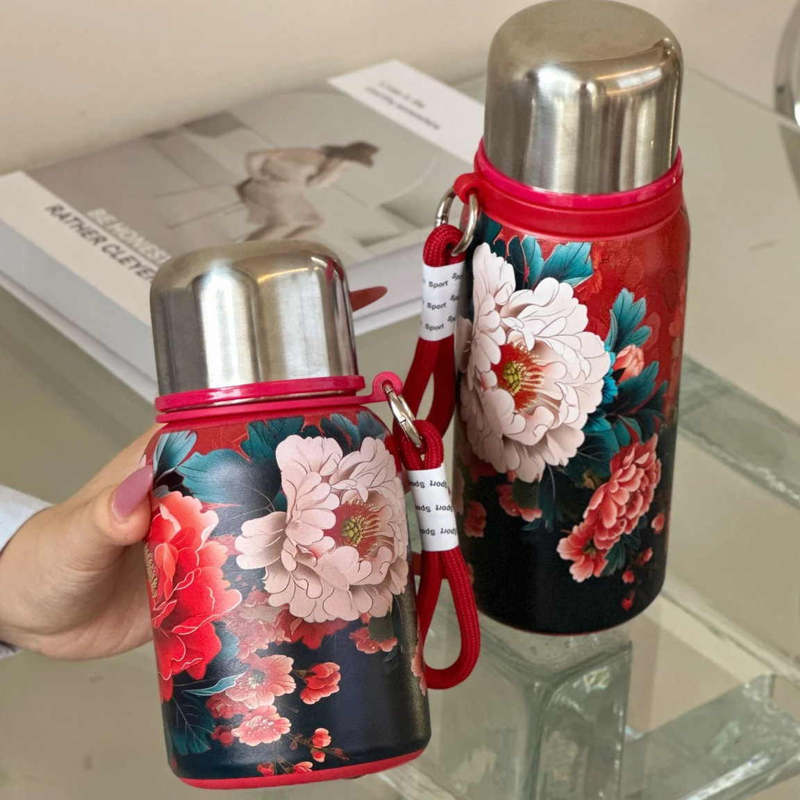 Retro and Bustling High-value Insulated Cup with Rose Pattern Double-layer Water Cup Car Portable Drawstring Stew Cup