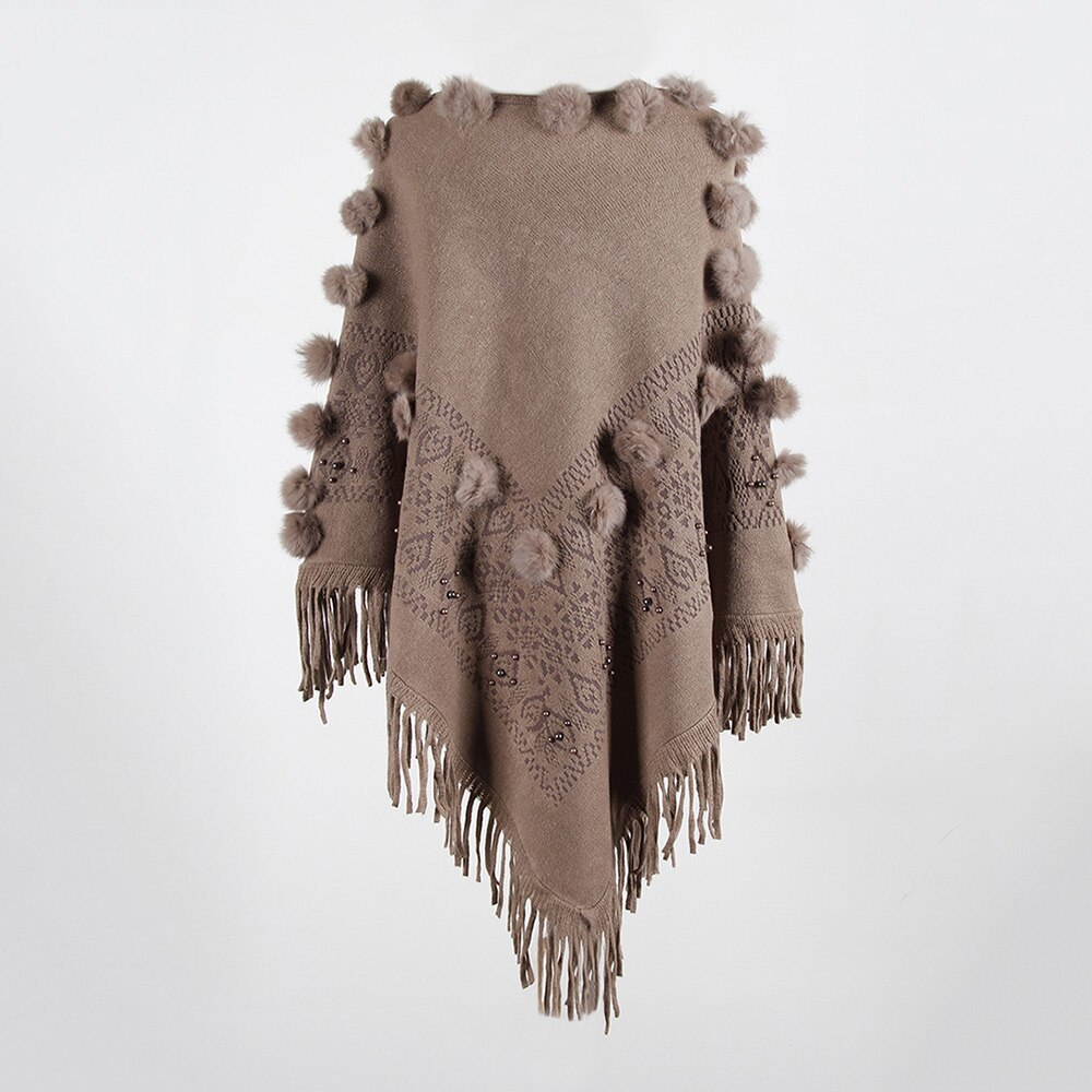 Cape Poncho pour femmes, col rond, avec pompon tricoté, Capes solides, manteau , Cape, châle, automne: Marron