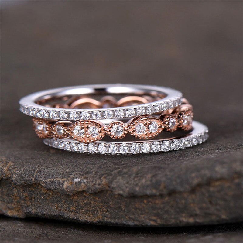 ROMAD 3 teile/satz zierlich Ring einstellen für Frauen Rose Gold Gefüllt Ring Braut retro Hochzeit Band Versprechen Engagement Ringe Für frauen R4