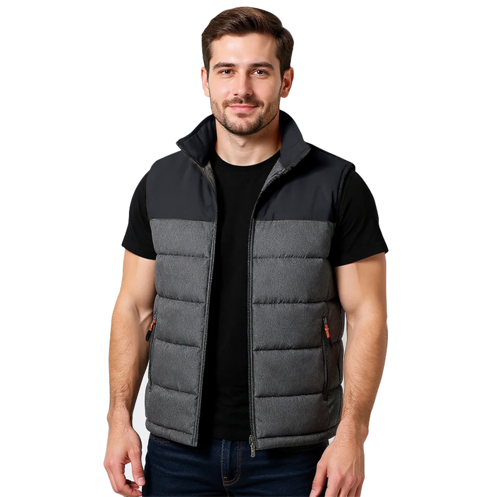 Otoño Invierno chaqueta Casual suelta para hombre sin mangas con cremallera abajo chaleco masculino Color sólido chalecos cálidos abrigos con cuello levantado para hombre: L / Negro