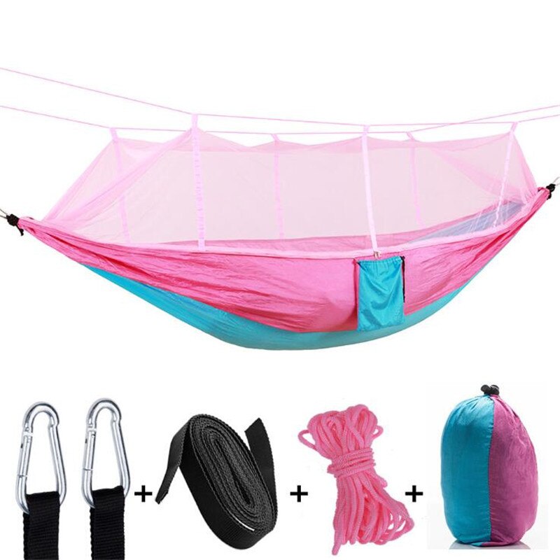 Päivitä riippumatto hyttysverkolla kahden hengen nylon camping riippumatot verkolla puuhihnat karabiinit ulkoleirin takapiha: Vaaleanpunainen