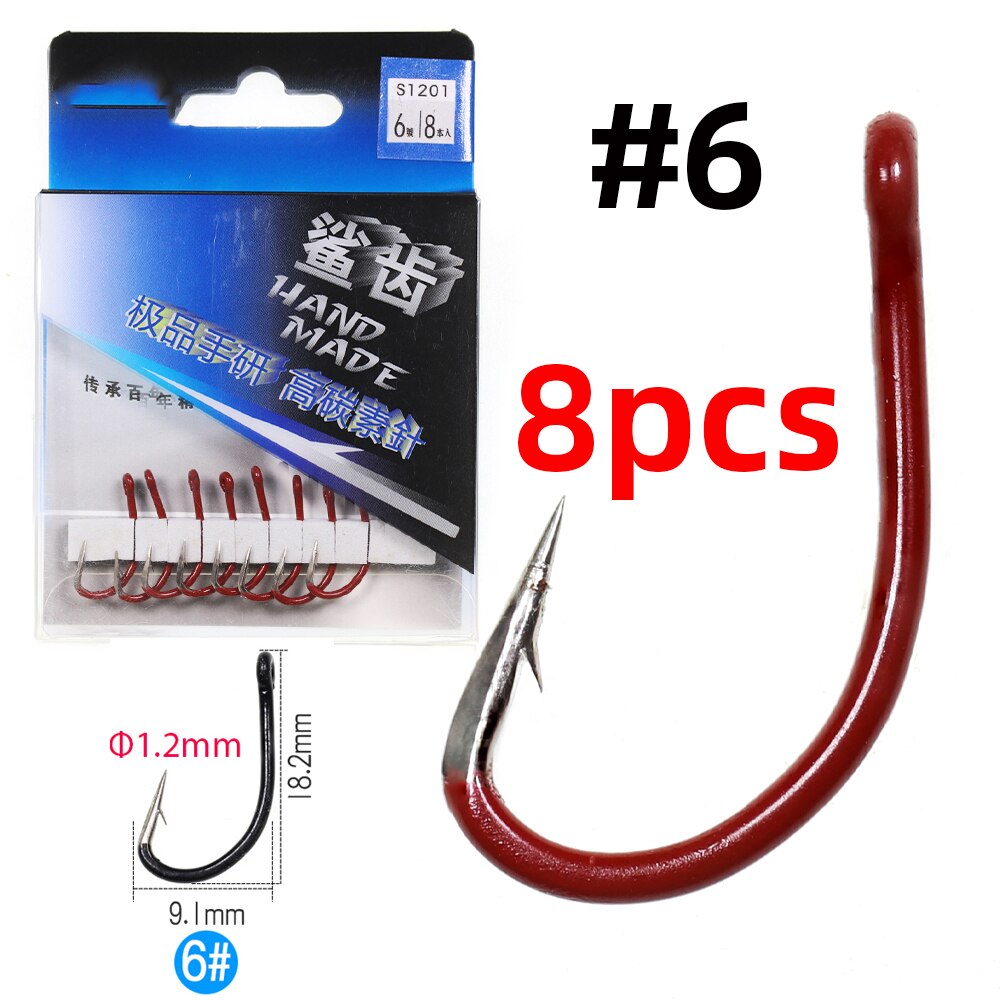 Jigeecarp-anzuelos de pesca de carpa de acero al carbono, anzuelos de pesca fuertes, tamaño 1 #-10 #, para pesca de carpa, 1 paquete: 8pcs size 6 red