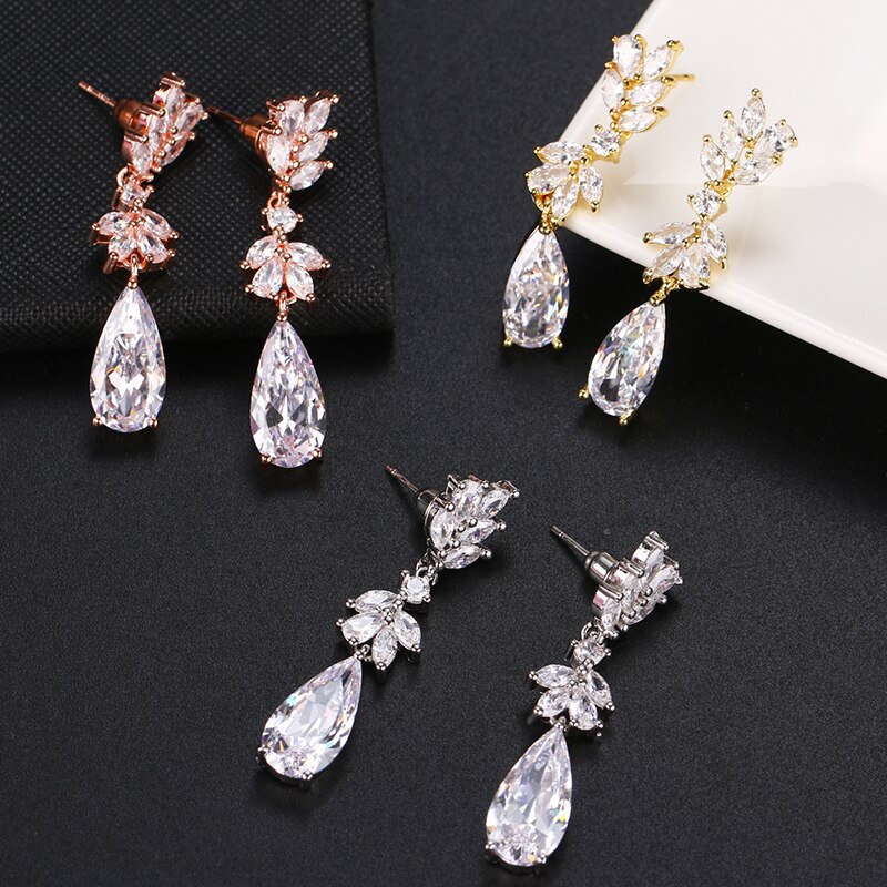 Leaf Zircon Clips Earrings for Women Silver Color Water Clip Earings Long Crystal Wedding Ear Cuff Jewelry