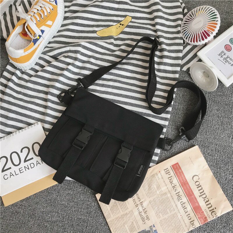 eins Harajuku Hüfte-hüpfen Bote Handtasche Leinwand PVC Umhängetasche Frauen Straße Schulter Schule Taschen Mädchen Marken schick Bolsa: Schwarz / groß