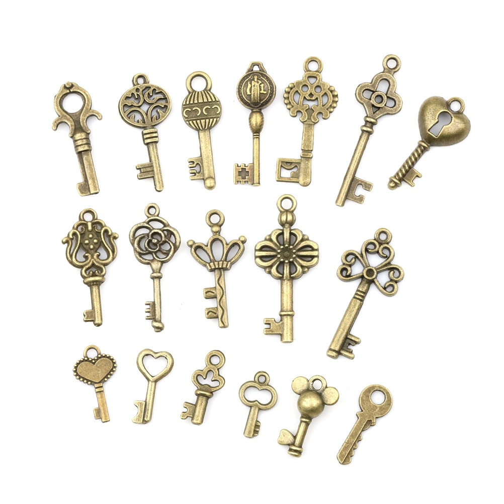 18pcs/sets Bronze Ornate Skeleton Keys Lot Antique Vintage Old Look Necklace Pendant Fancy Heart Decor DIY Craft