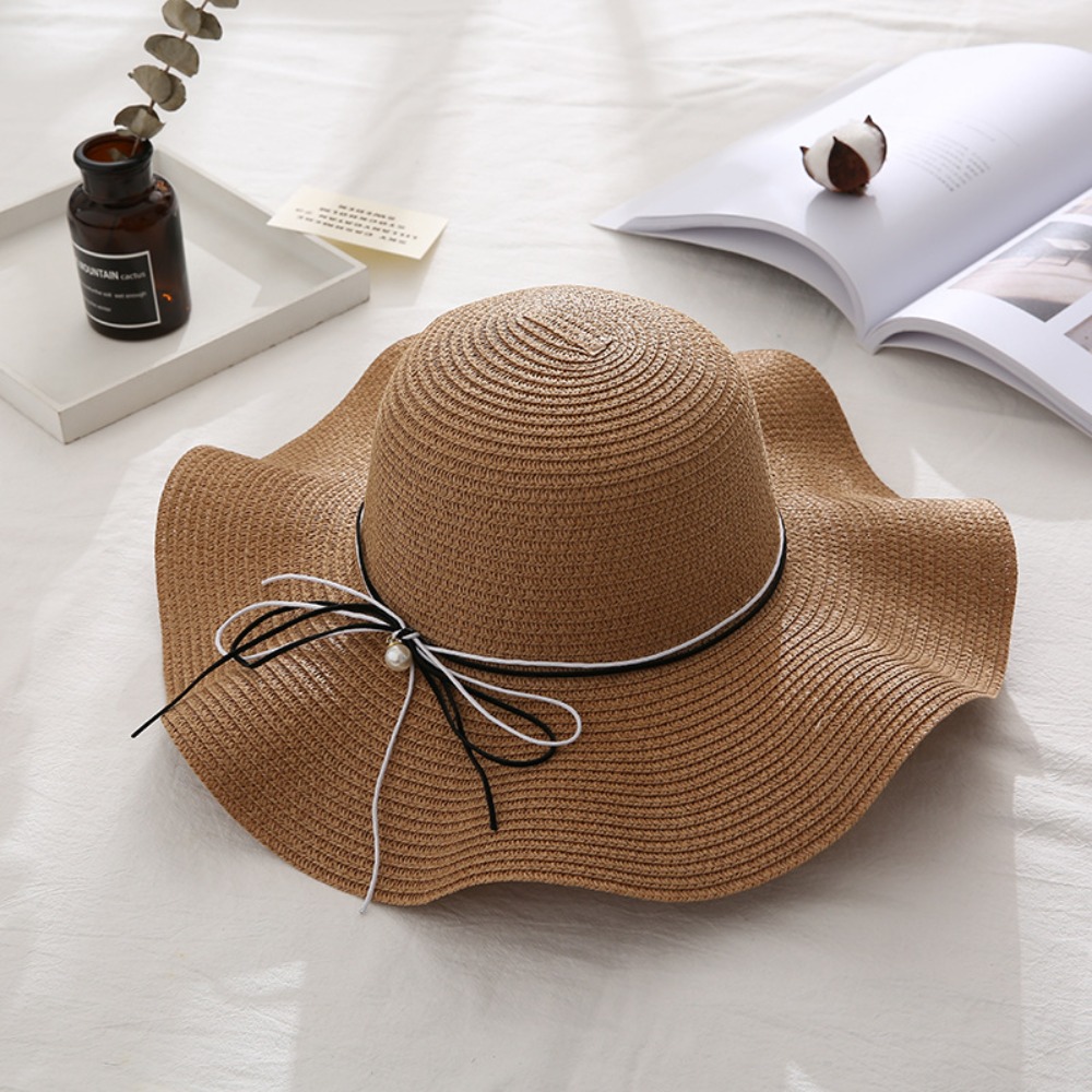 Trendy French Style Pearls Strap Straw Hat Wide Brim Beach Folding Straw Hats Spring Summer Travel Women's Sun Hat Girls: army green