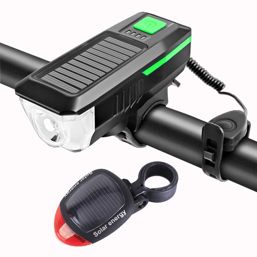 NEWBOLER 350 Lumen Solar Fahrrad Licht Vorne USB Aufladbare LED Fahrrad Lichter Glocke Wasserdicht Radfahren Lampe Scheinwerfer Rücklicht Set: Green Set
