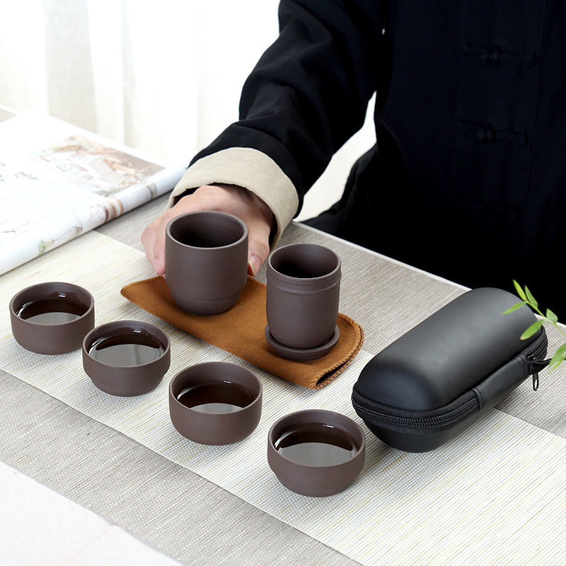 Creatieve Draagbare Zisha Thee Kopjes Set voor Reizen Paarse Klei Thee Set voor Outdoor Trips Relatiegeschenk Aanwezig 4 Cups