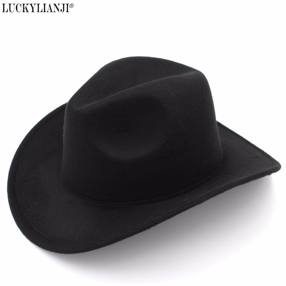 LUCKYLIANJI Trilby Wool Felt Fedora Cowboy Hat Solid Color Western Bull Jazz Sun Chapeau Caps For Men Women (One Size:57cm)