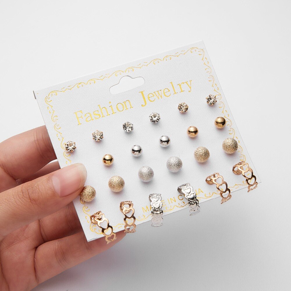 12 Pairs/set Classic Crystal Stud Earring Sets Women's Round Ball Metal Pearl Flower Earrings For Women Girl Mixed Jewelry