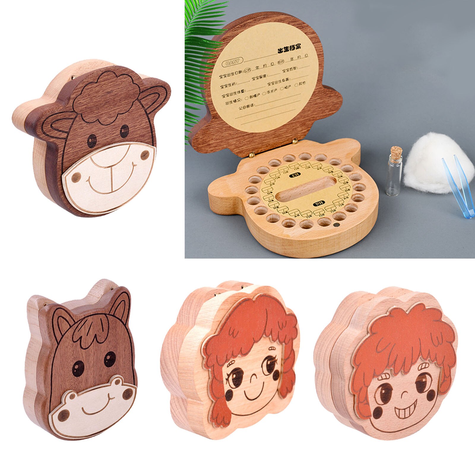 Cartoon Wooden Baby Tooth Box for Milk Teeth Storage Lanugo Hair Collect Container