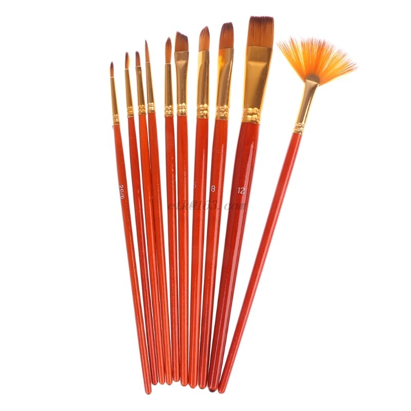 10 Stuks Nylon Haar Aquarel Gouache Ronde Wees Tip Artists Paint Brush Set