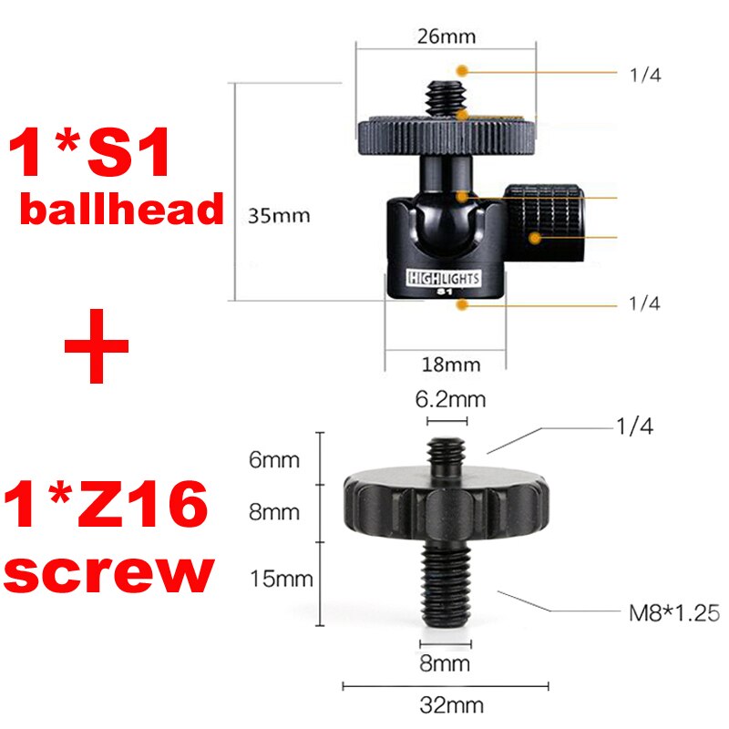 1/4 to 3/8 schroef snelspanadapter montage basis statief centrale as centrale buis lagerplaat en kogelkop verbinden monopod: 1 s1 balhoofd 1 z16